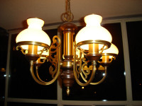 Brass Wood Milk-Glass Chandelier Pendant Light Fixture