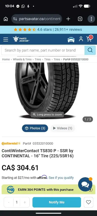225/55 R16 90% - 9/32" tread depth Used for less than 1 season. 9/12" (7mm) tread depth, like new. 4...