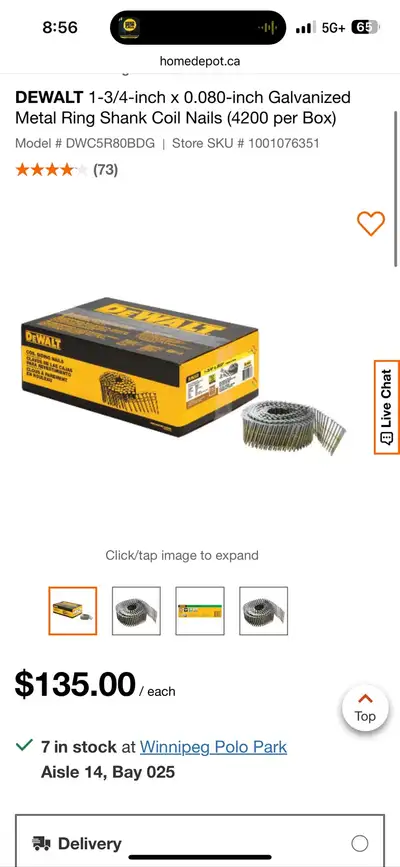 Dewalt galvanized metal ring shank nails 1 - 3/4 “ length. Box has 9 of 12 coils left. Used 2 and a...