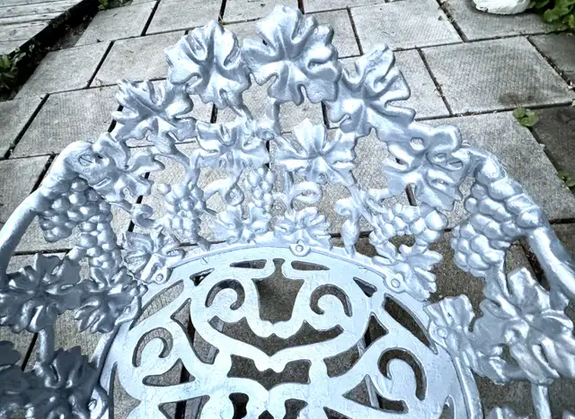 4 Piece Set of Silver Vintage Cast Iron Chairs, Bench, & Table in Patio & Garden Furniture in Norfolk County - Image 7