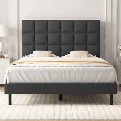 Twin Bed Frames with Grays Breathable Fabric, Grey, View more