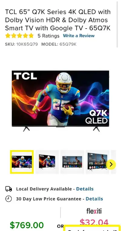 TCL 65” Q7K 4K QLED with Dolby Vision HDR & Dolby Atmos Smart TV, View more