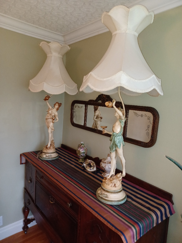 Pair of L and F Moreau art nouveau spelter table lamps. in Indoor Lighting & Fans in Chatham-Kent