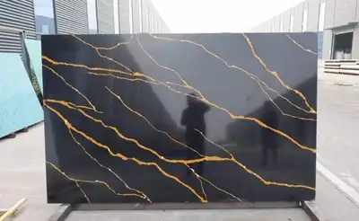 Black Quartz Slab with Gold Veining – High Gloss Statement Piece, View more