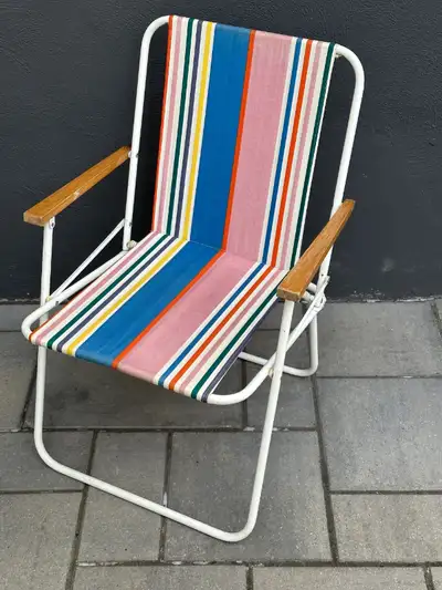 CHAISE PLIANTE DE JARDIN MÉTAL  BOIS & TISSU VINTAGE RÉTRO 80's, View more
