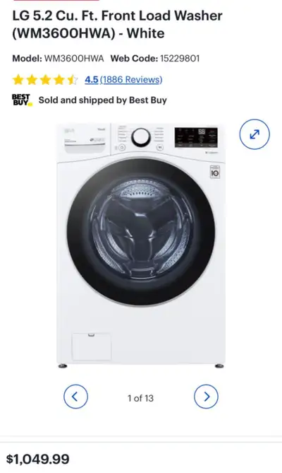 LG 5.2 cu ft. White Front Load Steam Washer Open box like new with 11 months warranty, All kinds of...
