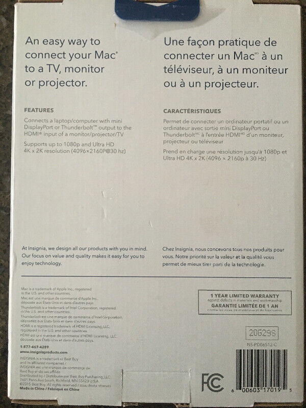 Insignia mini display port to HDMI cable 4K 6 foot 1.8m in Cables & Connectors in Mississauga / Peel Region - Image 2