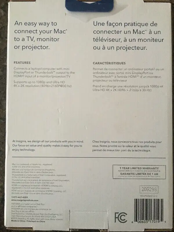 Insignia mini display port to HDMI cable 4K 6 foot 1.8m in Cables & Connectors in Mississauga / Peel Region - Image 3