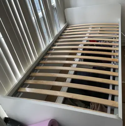White Twin Bed from Ikea (SLAKT) with drawers + Twin mattress, View more