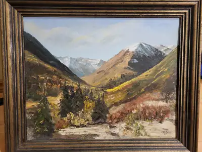 I am offering a landscape oil painting titled 'On The Alaska Hiway'. It is on canvas panel and measu...