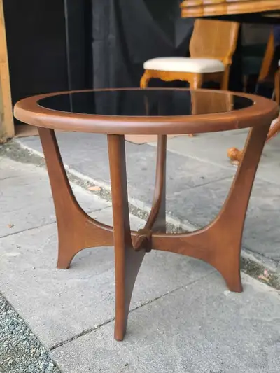 Round Wood Side Table with Tinted Glass Top, View more