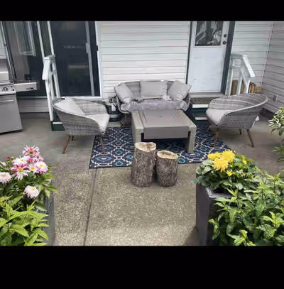 Patio set 4-pc($200): cushions have wear and tear. Fire table($100) : The lid handle is broken and r...