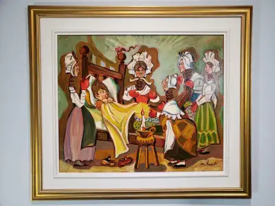 huile sur toile, oeuvre satirique de Yvon Provost intitulée »Les Bonnes Femmes Larivière avec mitain...