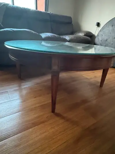 Round Glass Coffee Table with Solid Wood Pedestal Base., View more