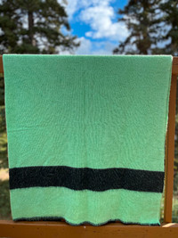 Vintage Green Wool Blanket, Black Stripe, 70" by 82"