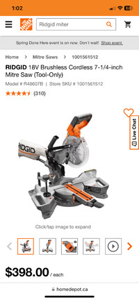 Ridgid 7 1/4 mitre saw cordless, no battery included, tool only