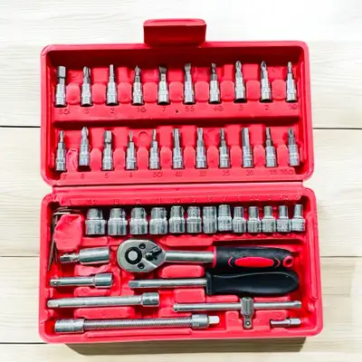 Brand new 46-piece combo tool kit. Perfect for car, motorcycle, and bicycle repairs at home or on th...