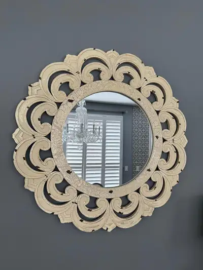 Round Scalloped Carved- Accent Wood Mirror, View more