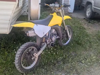 03 rm 85, starts first kick shifts good, low compression but still quick, needs fork seals and brake...