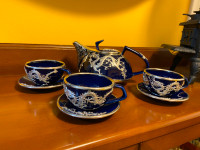 Cobalt Blue Porcelain with Silver Metal Overlay Dragon Teapot