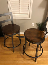 Bar stools, counter height stools, swivel. Metal and wood x2