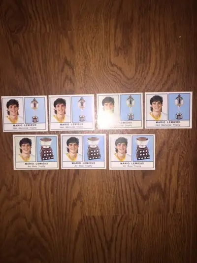Seven 1988-89 Panini Mario Lemieux Trophy stickers, View more