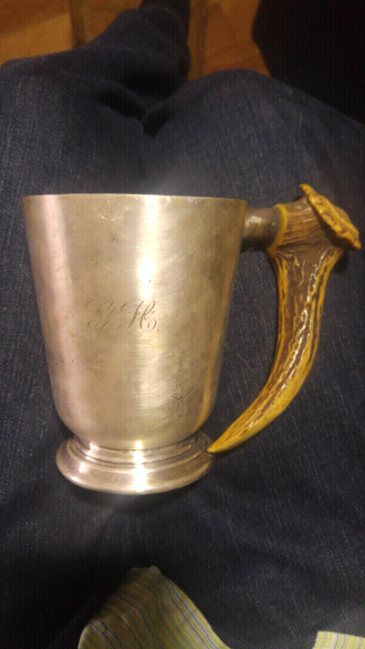 Vintage Pinder Bros. EPNS mug with antler handle., View more