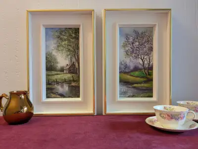 Paysages d’été près d’un lac, typiques de l’artiste peintre québécois Yvon Bousquet (1923-1997). Toi...