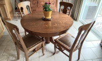 Vintage Oak Round Dining Table, chairs