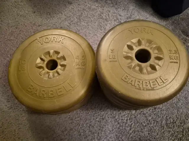 York 5 and 10 pound weight plates and dumbbell handles.