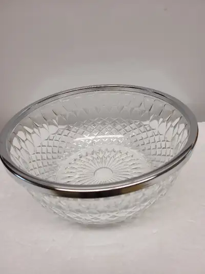 VTG Pressed Glass Bowl With Silver Coloured Rim, View more