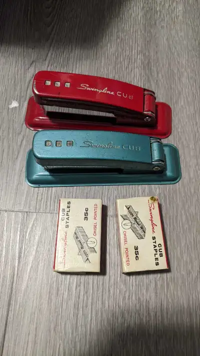 Two vintage Swingline Cub staplers from the 1950s or earlier. Some marks but in working condition. C...