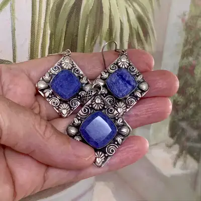 Natural LAPIS LAZULI STS 925 silver set, earrings and pendant, View more