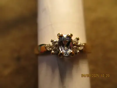 - 1 Marquise Aquamarine, 6 Round Diamonds - 10K Yellow Gold - Ring Size 7.5 - Gold Weight 1.79gm - C...