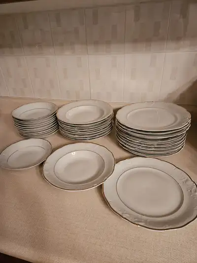 Dinnerware - white with gold trim, View more