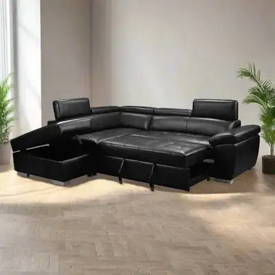 Brand New Leather Pullout sofa bed with adjustable headrests, View more