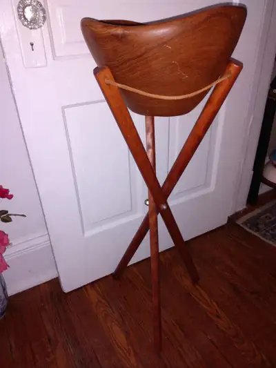 Vintage wood salad bowl and stand, View more