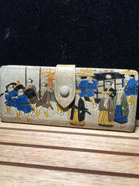 Antique Japan Hand Painted Tooled Leather Wallet Clutch Purse Ja