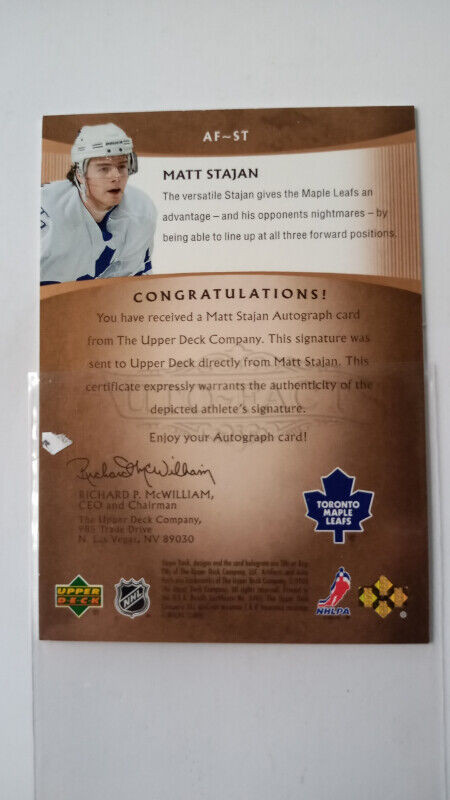 2005-06 Artifacts Autofacts gold AF-ST Matt Stajan 1/100 Toronto in Arts & Collectibles in St. Catharines - Image 3
