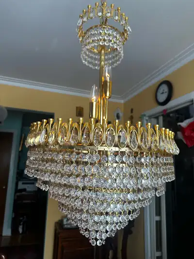 superbe chandelier italien vintage cristal 53", laiton plaqué or, View more