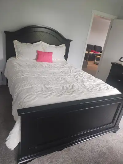 Matching bed frame and dresser (6 drawers and 3 shelves). This is a very heavy, solid, and sturdy se...