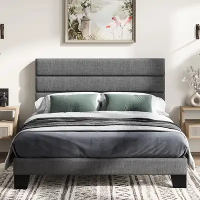 Platform Bed with Fabric Upholstered Headboard and Wooden Slats, View more