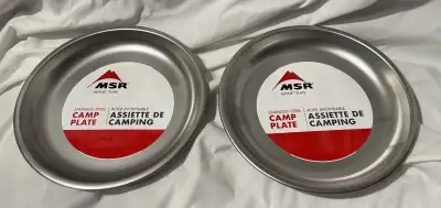 Two new MSR stainless steel plates. 8 inch diameter. 126 grams Pick up near Signal Hill Sierra Moren...