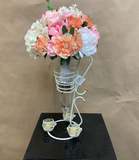 Glass vase 16” with metal stand and 3 votives candles. 