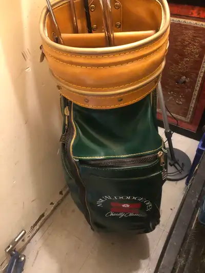 Macgregor vintage leather golf bag and clubs, View more