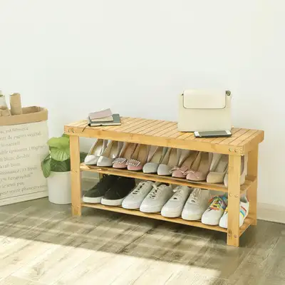 Bamboo Shoe Rack, Shoe Cabinet with Sofa, Shoe Bench with 3 Shel, View more