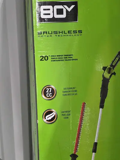 I'm selling a new Greenworks Pro 80V 20-inch cordless pole hedge trimmer, model number PHT2000. This...