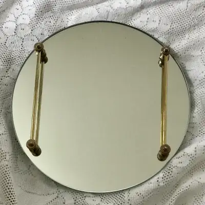 Round Mirrored Vanity Tray with Gold Tone Handles, View more