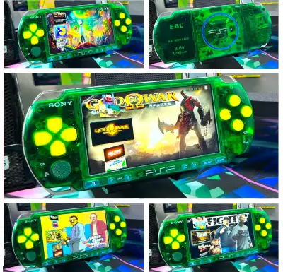 Transparent Jungle Green Sony PSP Playstation Portable Slim 3000 64GB Modded custom firmware jailbro...