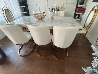 Modern White & Gold Marble Dining Table Set – 8 Chairs, View more